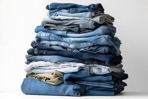 AI generated Jeans trousers stack on white background. Neural network AI generated photo