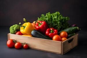 ai generado sano comiendo concepto. caja con vegetales. neural red ai generado foto