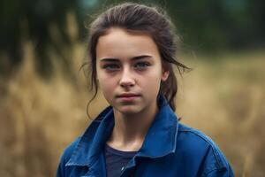 AI generated Portrait of a girl against the background of spikelets of wheat. Neural network AI generated photo