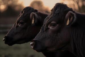 ai generado vacas en campo puesta de sol en el noche. neural red ai generado foto