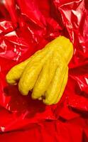 Golden Buddhas Hand Fruit on Red Background photo