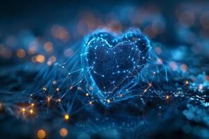 ai generado conectado corazón, tecnología amor en azul bokeh foto