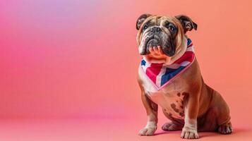 AI generated watercolor A British bulldog wearing a Union Jack bandana sits obediently promoting National Pet Month isolated on a gradient background photo
