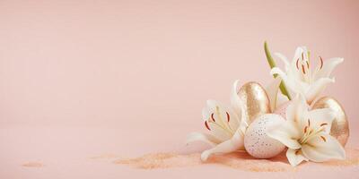 AI generated Elegant Easter Eggs and Lilies Background photo