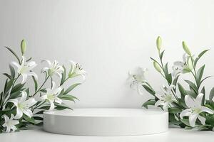 AI generated White Lilies on Minimalist Podium   Spring or Mothers Day Background photo