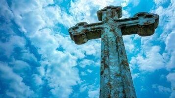 AI generated Ancient Stone Cross Divine Sky Backdrop photo