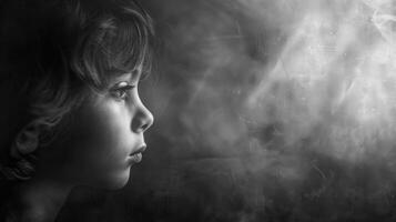 AI generated Contemplative Child, Monochrome Mystery with Copy Space photo