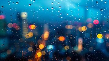 ai generado gotas de lluvia en vaso con ciudad luces bokeh efecto, resumen fondo para clima conceptos, urbano lluvia, o monzón temporada foto