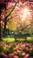 AI generated Summer mood bench, many flowers around, spring mood photo