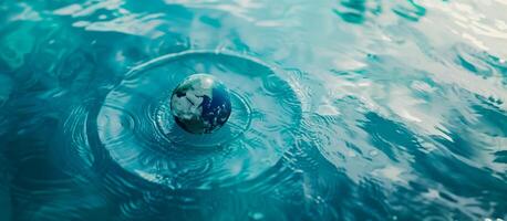 AI generated A glass globe representing Earth, floating on tranquil turquoise water creating ripples, symbolizing environmental conservation and World Water Day photo
