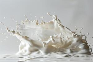 AI generated Dynamic milk splash on a neutral background, high speed photography, ideal for dairy product advertising and culinary concepts photo