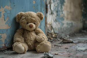 AI generated Lonely Teddy in Ruin, Lost Childhood photo