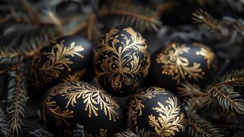 AI generated Elegant black Easter eggs with intricate gold patterns nestled among soft pine branches, symbolizing a sophisticated twist on traditional holiday decor photo