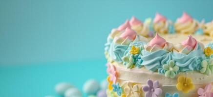 AI generated Pastel Birthday Cake with Flowers on Blue photo