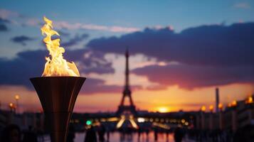 ai generado olímpico antorcha fuego en contra puesta de sol eiffel foto