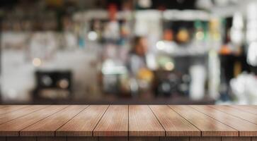 AI generated Empty wooden table top with lights bokeh on blur restaurant background photo
