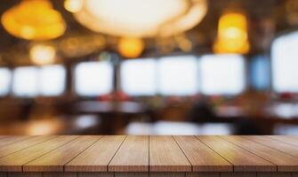 AI generated Empty wooden table top with lights bokeh on blur restaurant background. photo