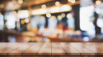 AI generated Empty wooden table top with lights bokeh on blur restaurant background photo