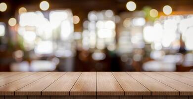 AI generated Empty wooden table top with lights bokeh on blur restaurant background. photo