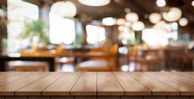 AI generated Empty wooden table top with lights bokeh on blur restaurant background. photo