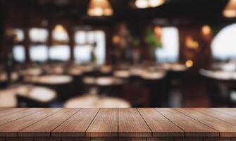 AI generated Empty wooden table top with lights bokeh on blur restaurant background. photo