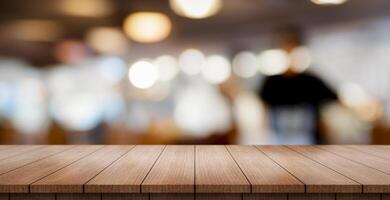 AI generated Empty wooden table top with lights bokeh on blur restaurant background. photo