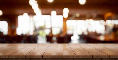 AI generated Empty wooden table top with lights bokeh on blur restaurant background. photo