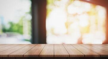 AI generated Empty wooden table top with lights bokeh on blur restaurant background photo