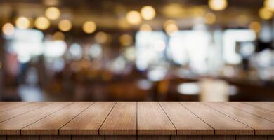 AI generated Empty wooden table top with lights bokeh on blur restaurant background. photo