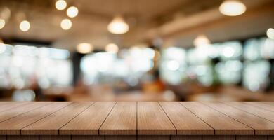AI generated Empty wooden table top with lights bokeh on blur restaurant background. photo