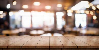 AI generated Empty wooden table top with lights bokeh on blur restaurant background. photo