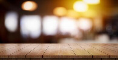 AI generated Empty wooden table top with lights bokeh on blur restaurant background. photo