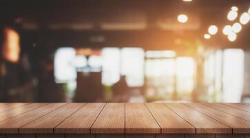 ai generado vacío de madera mesa parte superior con luces bokeh en difuminar restaurante antecedentes foto