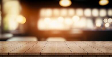 AI generated Empty wooden table top with lights bokeh on blur restaurant background. photo