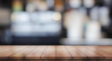 AI generated Empty wooden table top with lights bokeh on blur restaurant background photo