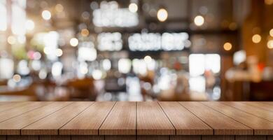 AI generated Empty wooden table top with lights bokeh on blur restaurant background. photo