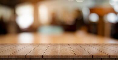 AI generated Empty wooden table top with lights bokeh on blur restaurant background. photo