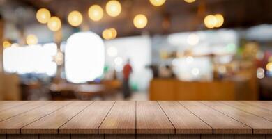 AI generated Empty wooden table top with lights bokeh on blur restaurant background. photo
