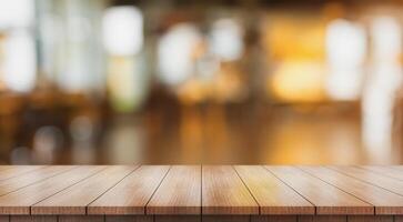 AI generated Empty wooden table top with lights bokeh on blur restaurant background photo