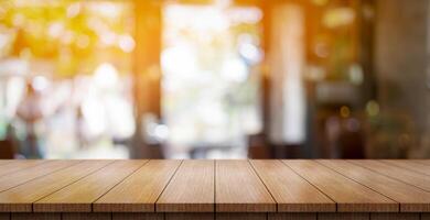 AI generated Empty wooden table top with lights bokeh on blur restaurant background. photo