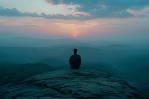 AI generated Sunrise Meditation on Mountain Peak   Tranquil Background with Copy Space photo