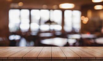 AI generated Empty wooden table top with lights bokeh on blur restaurant background. photo