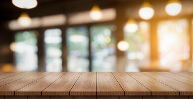 AI generated Empty wooden table top with lights bokeh on blur restaurant background. photo