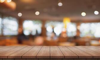 AI generated Empty wooden table top with lights bokeh on blur restaurant background. photo