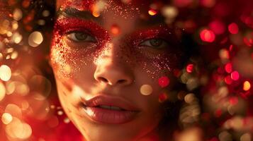 AI generated Glitter Makeup Woman on Red Bokeh photo
