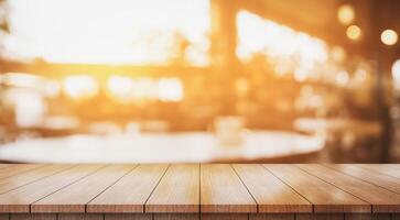 AI generated Empty wooden table top with lights bokeh on blur restaurant background photo