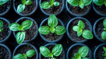 AI generated Organic Basil Seedlings in Pots Overhead photo