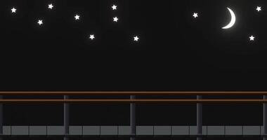 3d animering av en bro väg på natt med en halvmåne måne och stjärnor. animering av rör på sig framåt- och vänd åt sidan, 3d framställa video