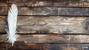 ai generado soltero blanco pluma acostado en un texturizado, rústico oscuro de madera antecedentes con natural ligero reflejos, adecuado para conceptos de sencillez, pureza, o paz foto