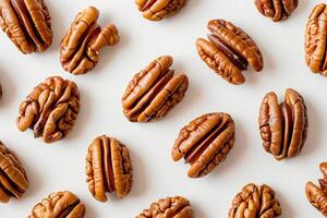 AI generated Top View Pecan Nuts Arrangement   Space for Text photo